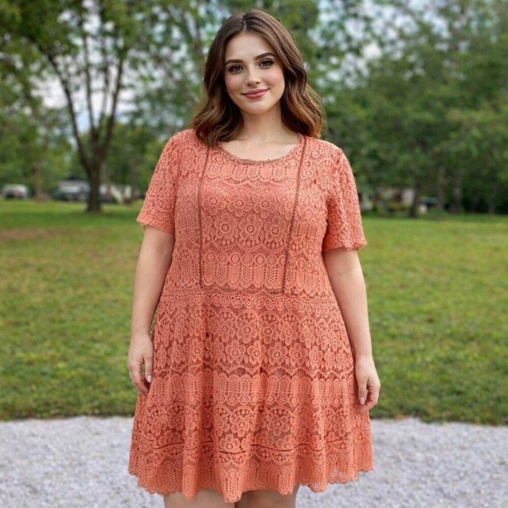 Peach Lace Short Sleeve Tunic Dress By Perch Blu Pepper 3XL With Back Zip Closur